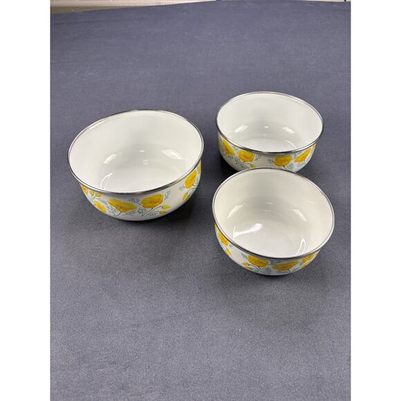 VTG Kobe Enamelware Metal Nesting Bowl Set of 3 Yellow Poppy w/lids - Picture 2 of 11